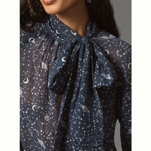 🪐Anthropologie Organza Tie-Neck Blouse NEW Blue Space Moon Stars